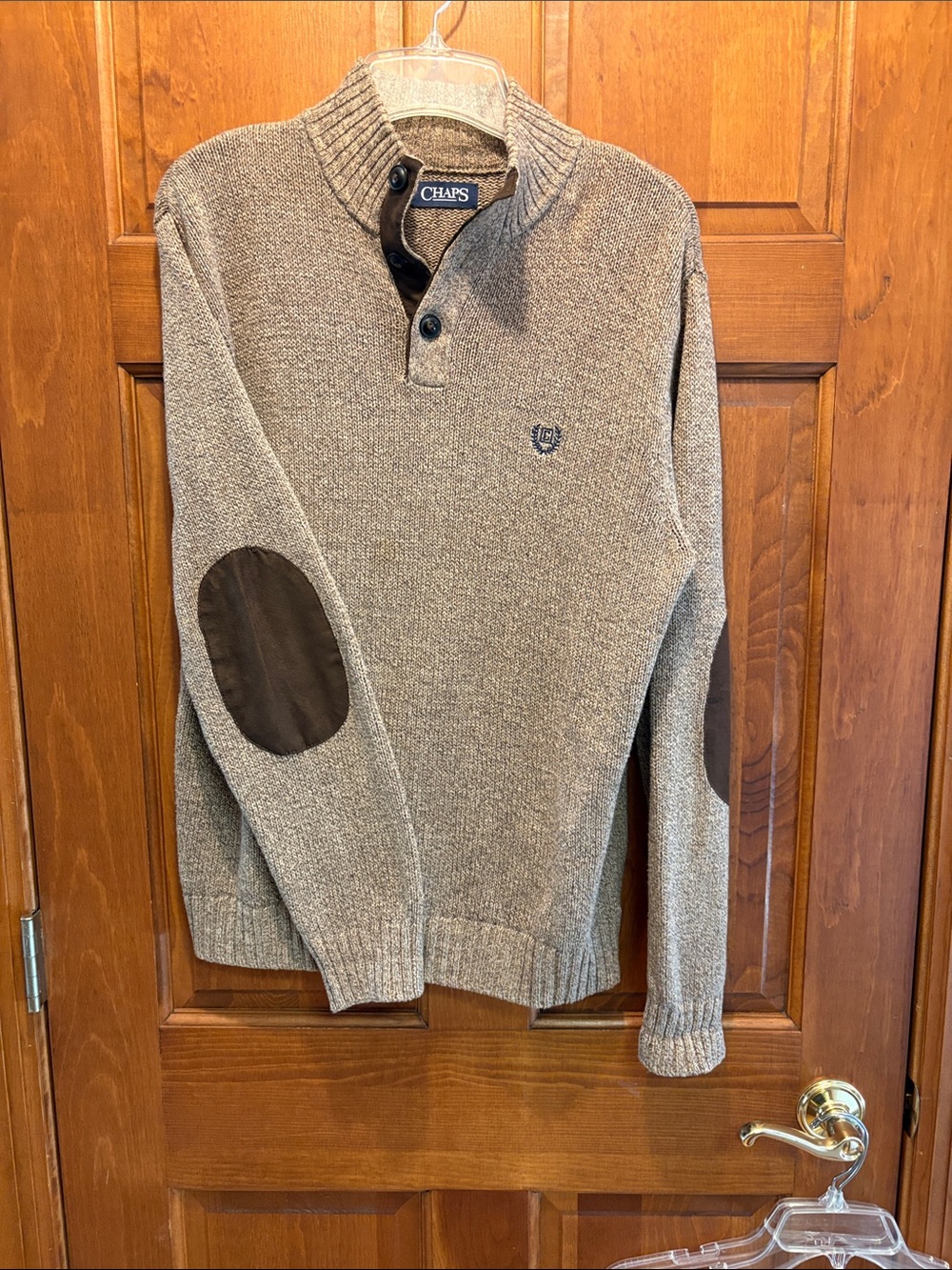 Chaps Men's Taupe-Brown V-Neck Quarter Button Sweater with Elbow Patches